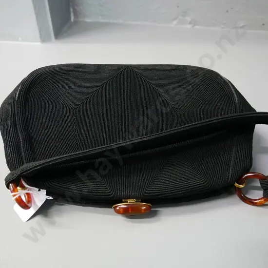 Corde England black textured fabric & faux tortoise shell evening bag