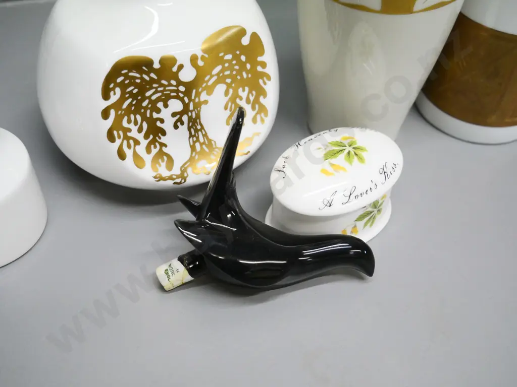 3 Royal Bavarian & 1 Highland vases, Royal Worcester pie funnel with mend to base of blackbird, Royal Adderley trinket Image 1++