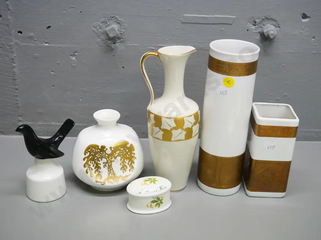 3 Royal Bavarian & 1 Highland vases, Royal Worcester pie funnel with mend to base of blackbird, Royal Adderley trinket Image 1++