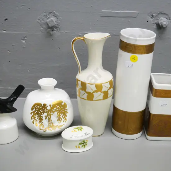 3 Royal Bavarian & 1 Highland vases, Royal Worcester pie funnel with mend to base of blackbird, Royal Adderley trinket