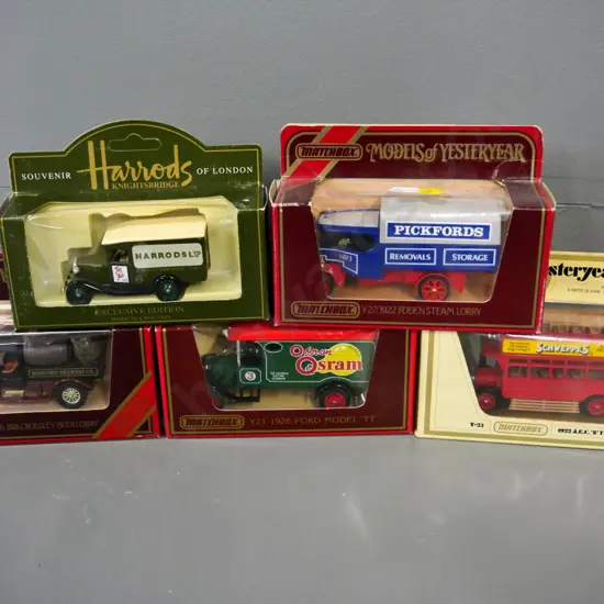 5 boxed Matchbox Models of Yesteryear die-cast vehicles - 4 delivery vans and a double decker bus