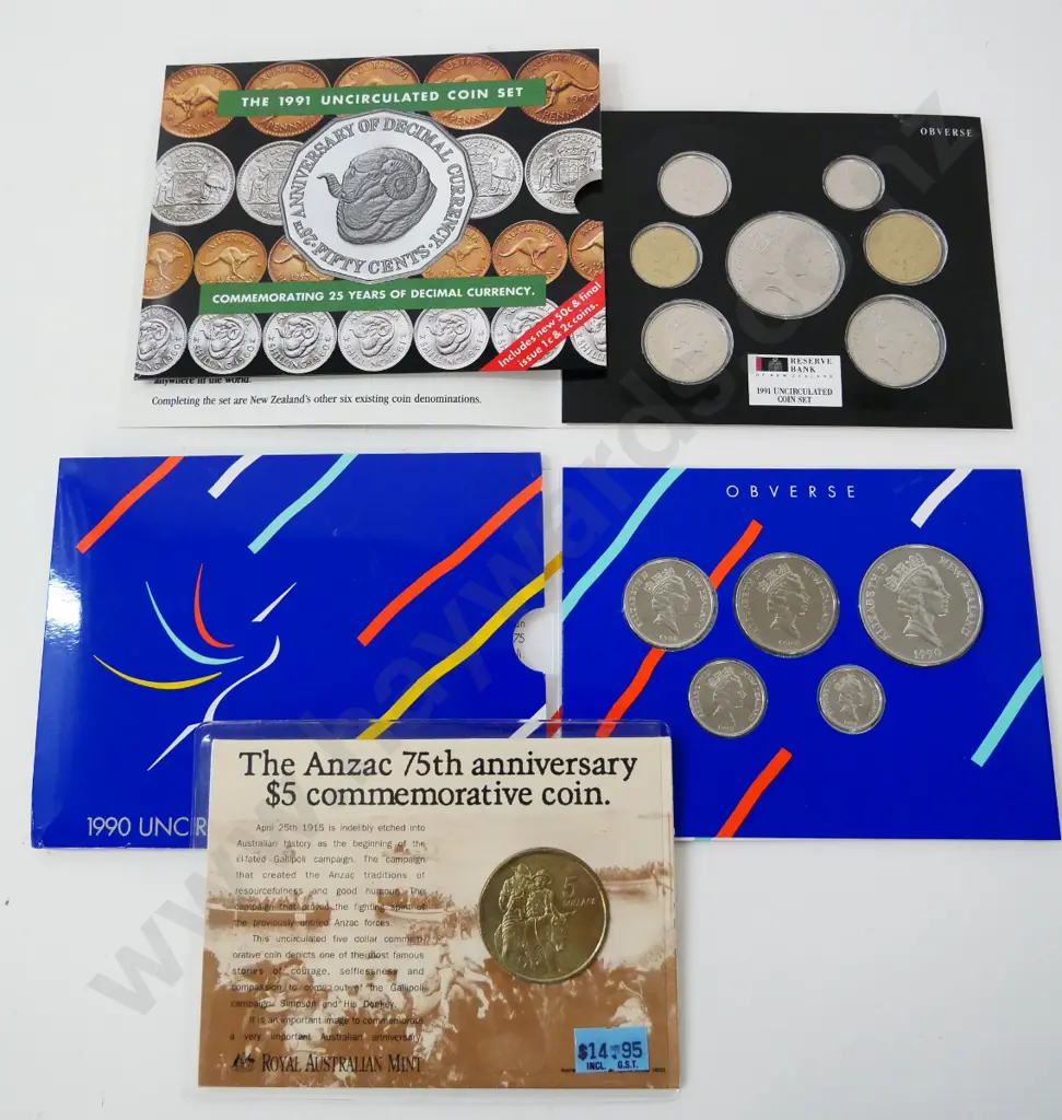 New Zealand 1990 5-coin set, 1991 8-coin set and Australian Anzac 75th Anniversary $5 coin Image 1++