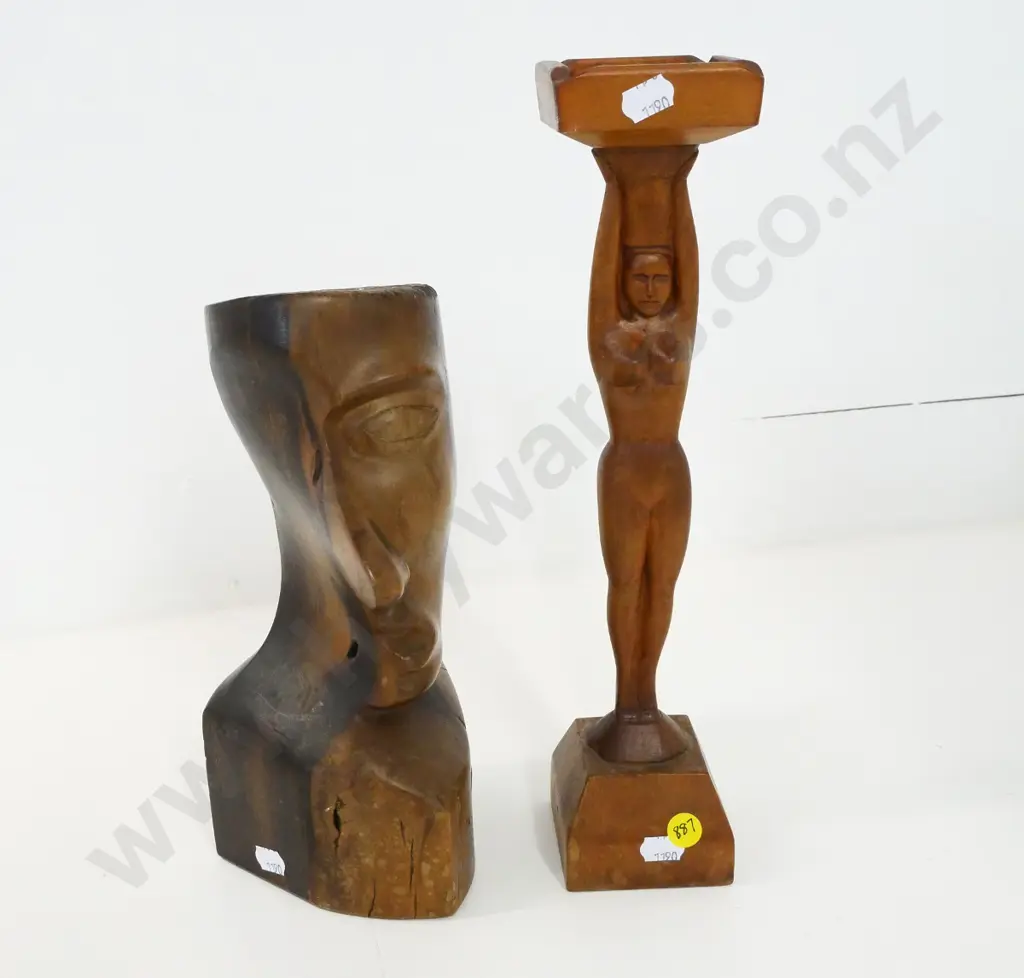 2 hand-carved wooden figures - nude figure smoker's stand H-330 and an abstract bust with some cracks to base Image 1++