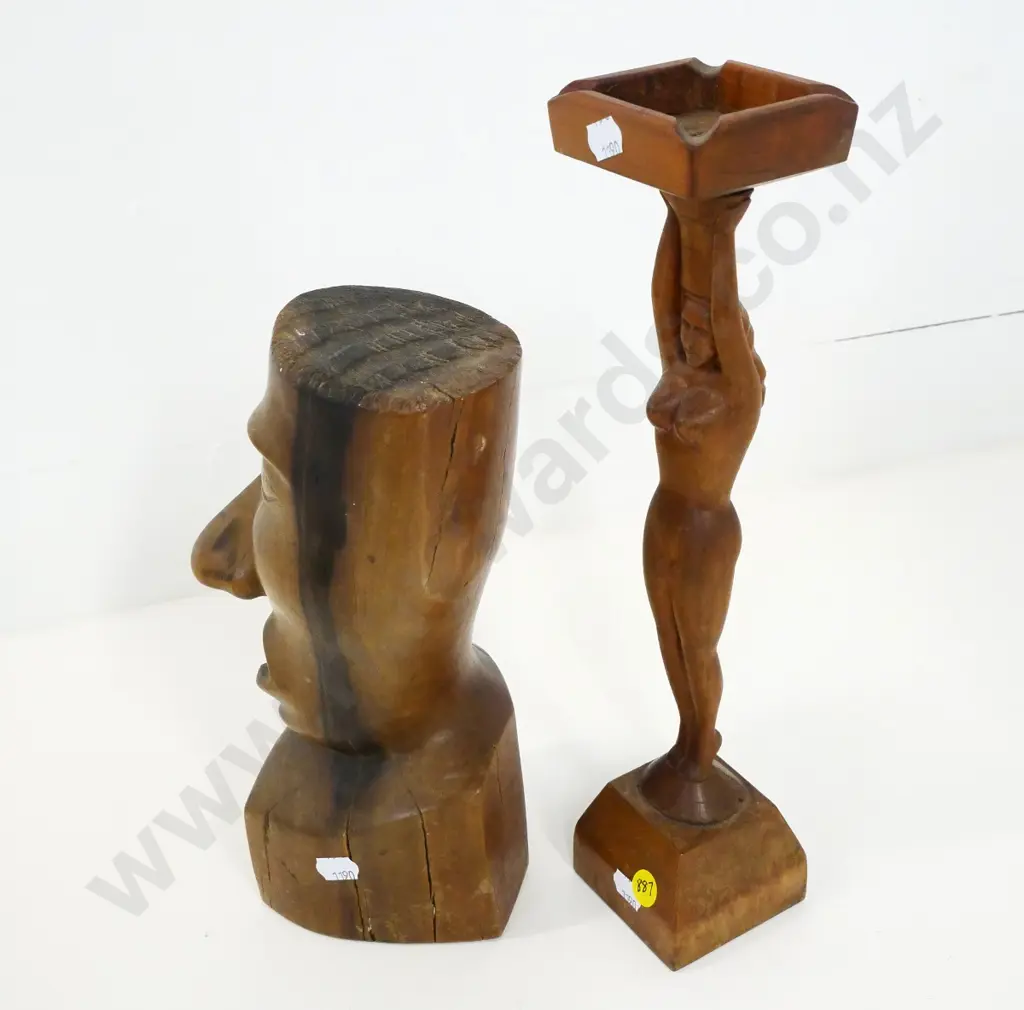 2 hand-carved wooden figures - nude figure smoker's stand H-330 and an abstract bust with some cracks to base Image 1++