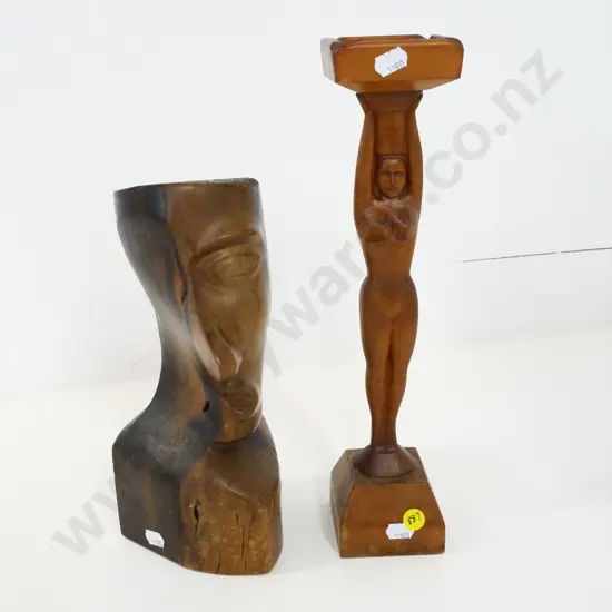 2 hand-carved wooden figures - nude figure smoker's stand H-330 and an abstract bust with some cracks to base