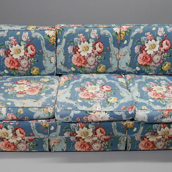 mid-century Chesterfield coil-sprung 3-seater settee with Sanderson floral linen upholstery H-770 W-2000 D-880