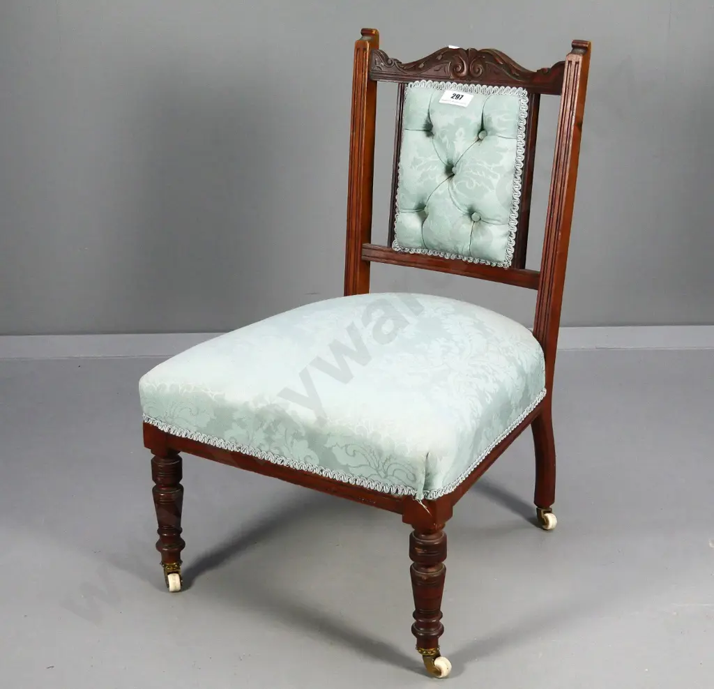 Edwardian nursing chair with damask upholstered seat and back, on porcelain casters H-730 W-480 D-440 Image 1++