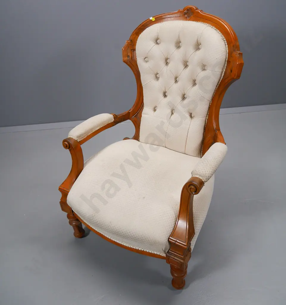 vintage gent's chair with carved frame, deep button back, cream damask upholstery needs cleaning H-1000 W-660 D-660 Image 1++