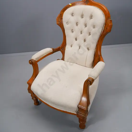 vintage gent's chair with carved frame, deep button back, cream damask upholstery needs cleaning H-1000 W-660 D-660
