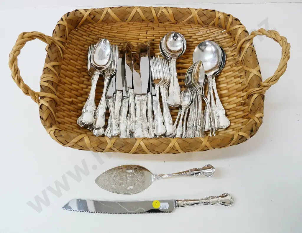 seagrass basket of cutlery - Rodd Camille pattern 6 place setting plus cake slice, bread knife, salad servers etc. Image 1++