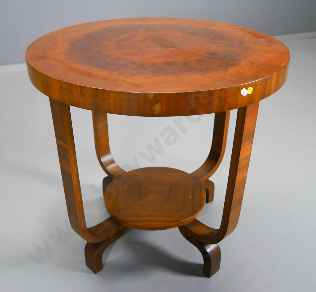 deco round occasional table with burr veneer top, lower shelf, bent wood legs and supports - a bit wobbly H-570 D-600 Image 1++