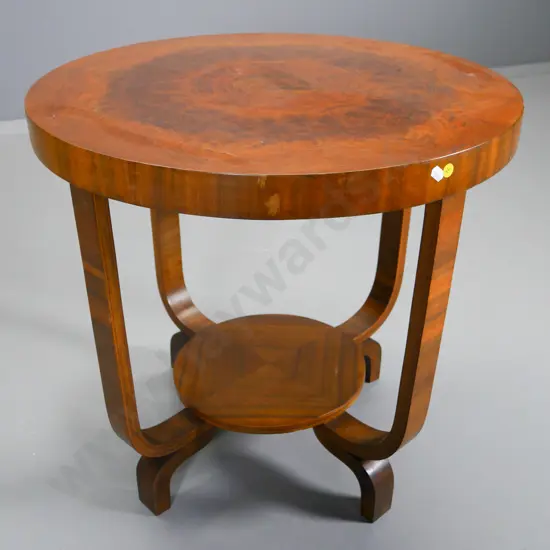 deco round occasional table with burr veneer top, lower shelf, bent wood legs and supports - a bit wobbly H-570 D-600