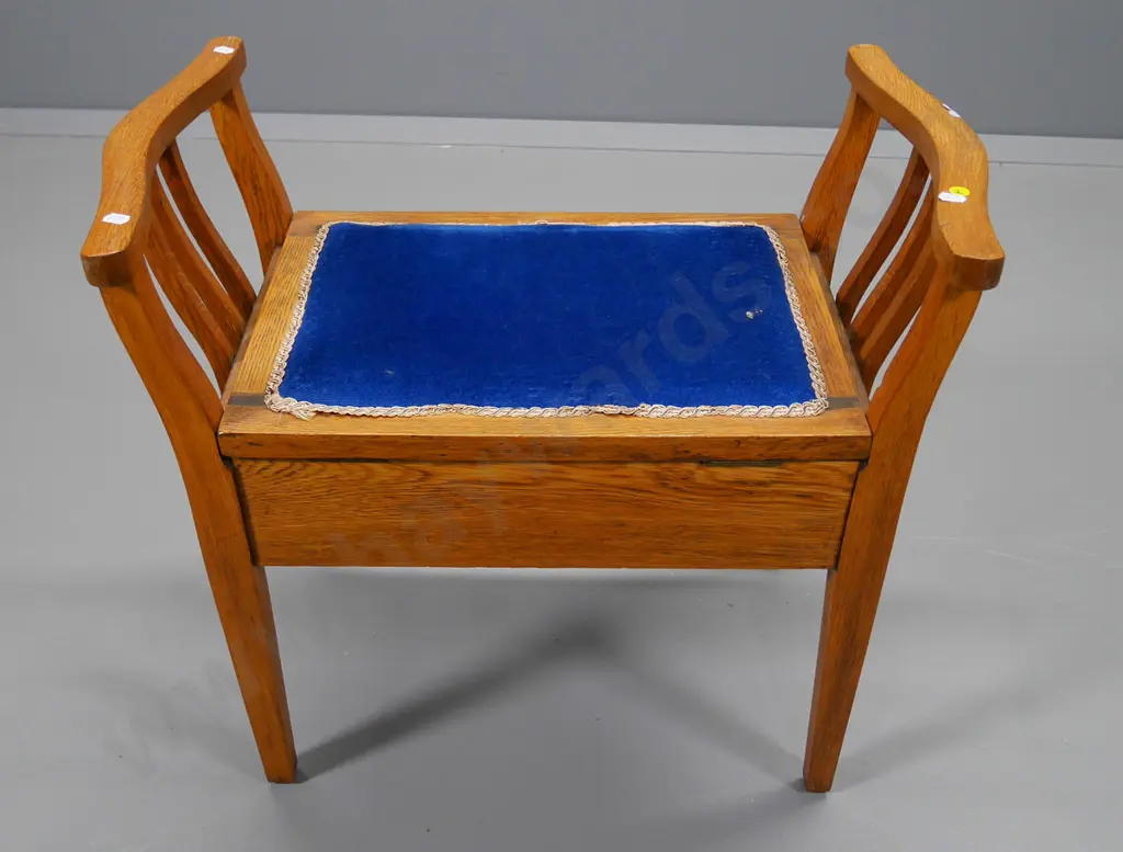 deco oak piano stool with lift-up storage seat, wear to upholstery H-590 W-650 D-340 Image 1++