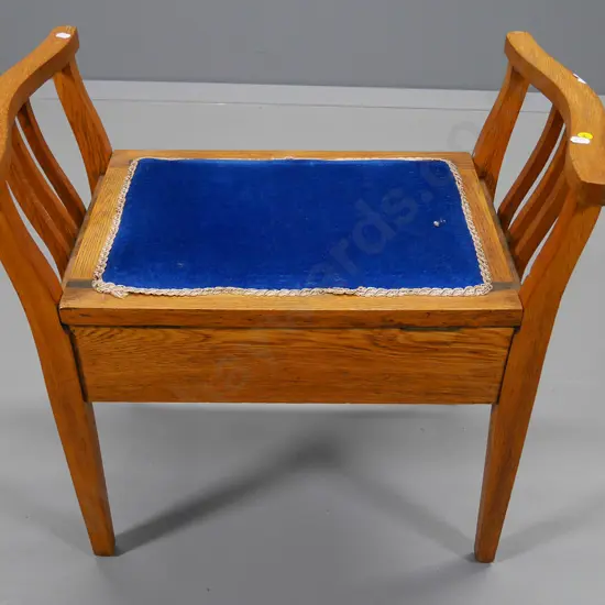 deco oak piano stool with lift-up storage seat, wear to upholstery H-590 W-650 D-340