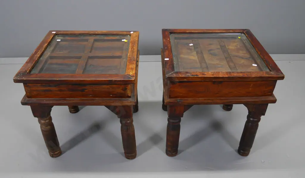 two teak side tables with glass lift-out tops, heavy turned legs, aged finish H-500 W-470 D-470 Image 1++
