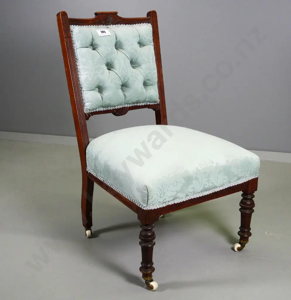 Edwardian nursing chair with damask upholstered seat and back on porcelain casters, some joint looseness H760 W450 D450 Image 1++
