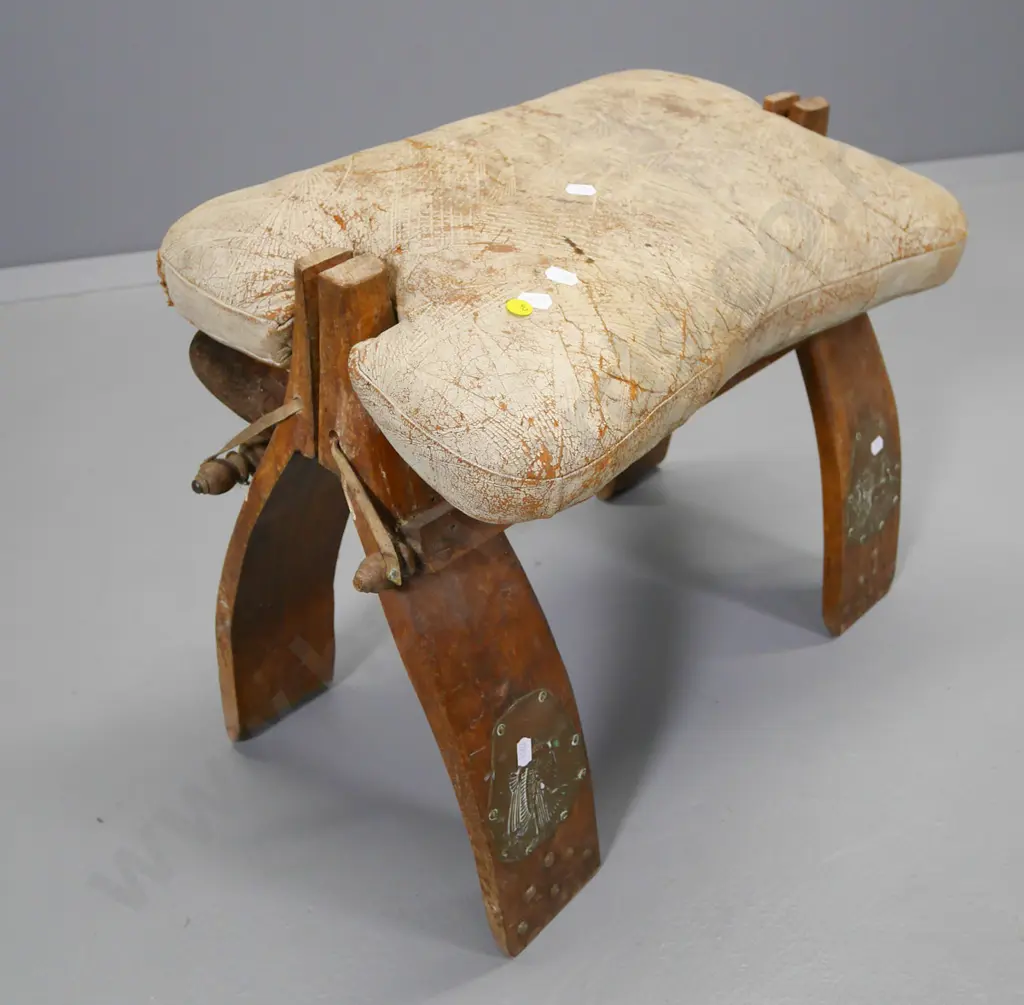 restorer's vintage camel stool with decorative brass panels H-450 W-600 D-320 Image 1++