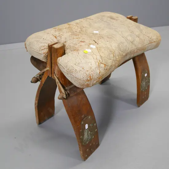 restorer's vintage camel stool with decorative brass panels H-450 W-600 D-320