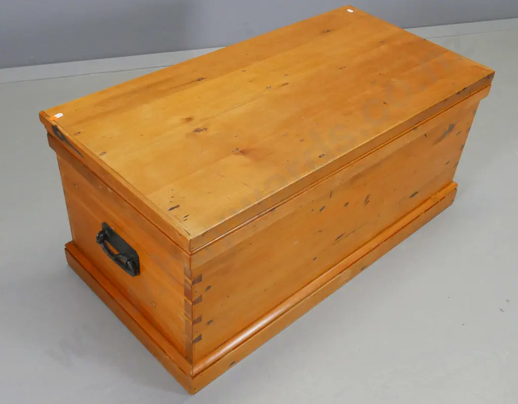 kauri blanket box with cast iron handles - reportedly made from floor boards from Oatgo Girls HighH-430 W-970 D-490 Image 1++