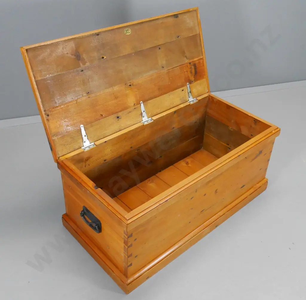 kauri blanket box with cast iron handles - reportedly made from floor boards from Oatgo Girls HighH-430 W-970 D-490 Image 1++