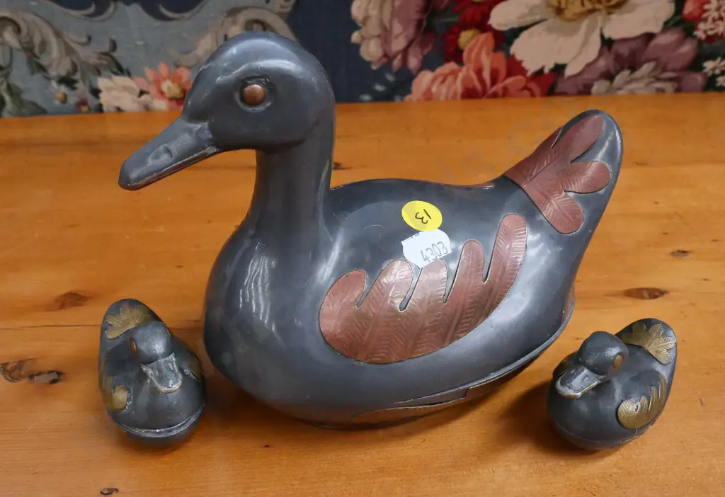 set of 3 pewter and coloured metal duck containers, largest H-150, W-170 Image 1++