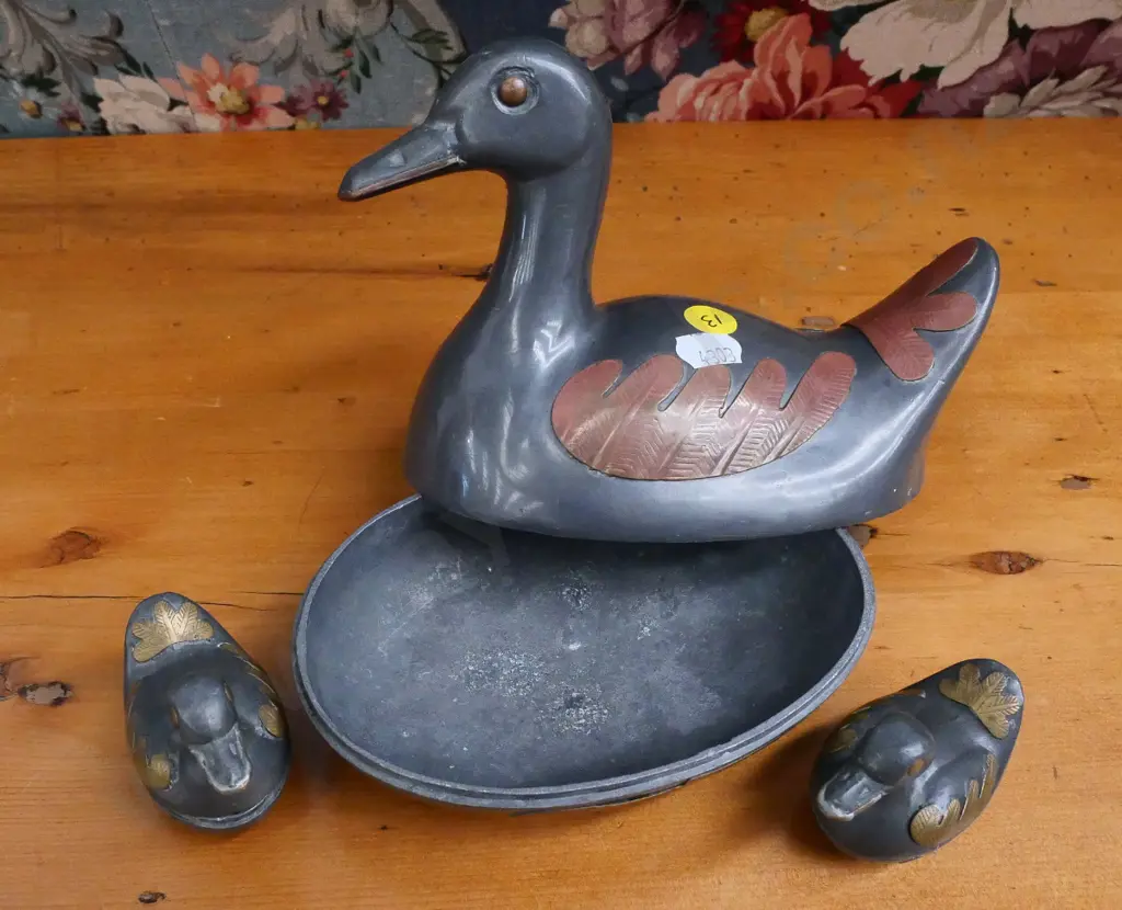 set of 3 pewter and coloured metal duck containers, largest H-150, W-170 Image 1++