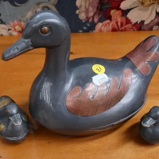 set of 3 pewter and coloured metal duck containers, largest H-150, W-170