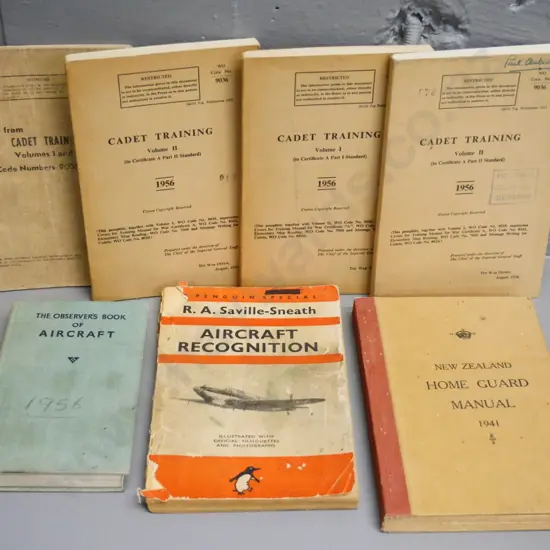 7 1940s and 50s publications on aircraft recognition, cadet training, NZ Home Guard Manual - 2 are in poor condition