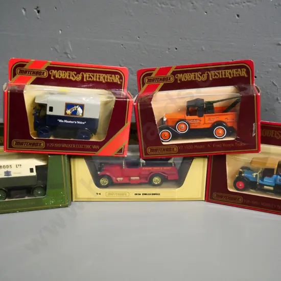 5 boxed Matchbox Models of Yesteryear die-cast vehicles - delivery vans, fire engine, tow truck