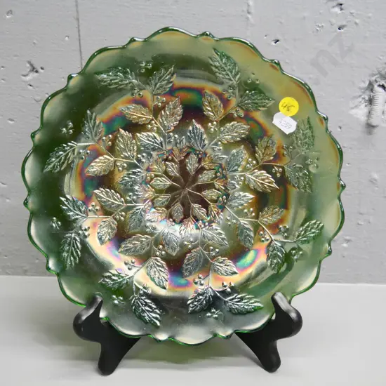 green berries pattern carnival glass shallow dish - diameter 240