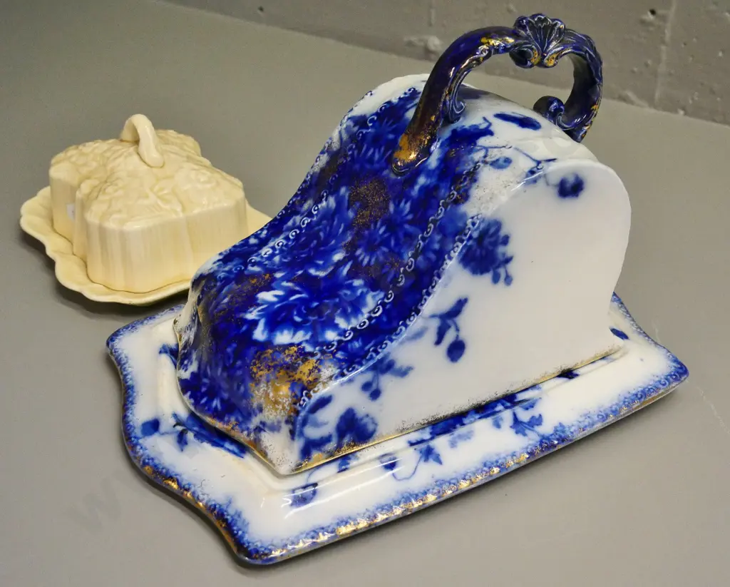 flow blue and gold large cheese keep (no maker's marks) H-200 W-180 L-250 and a Lancaster covered butter dish Image 1++