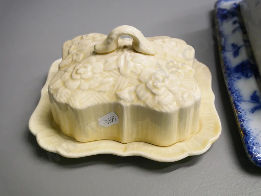 flow blue and gold large cheese keep (no maker's marks) H-200 W-180 L-250 and a Lancaster covered butter dish Image 1++