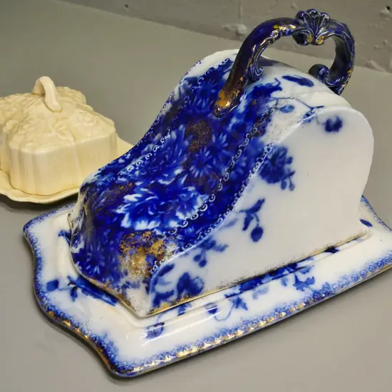 flow blue and gold large cheese keep (no maker's marks) H-200 W-180 L-250 and a Lancaster covered butter dish