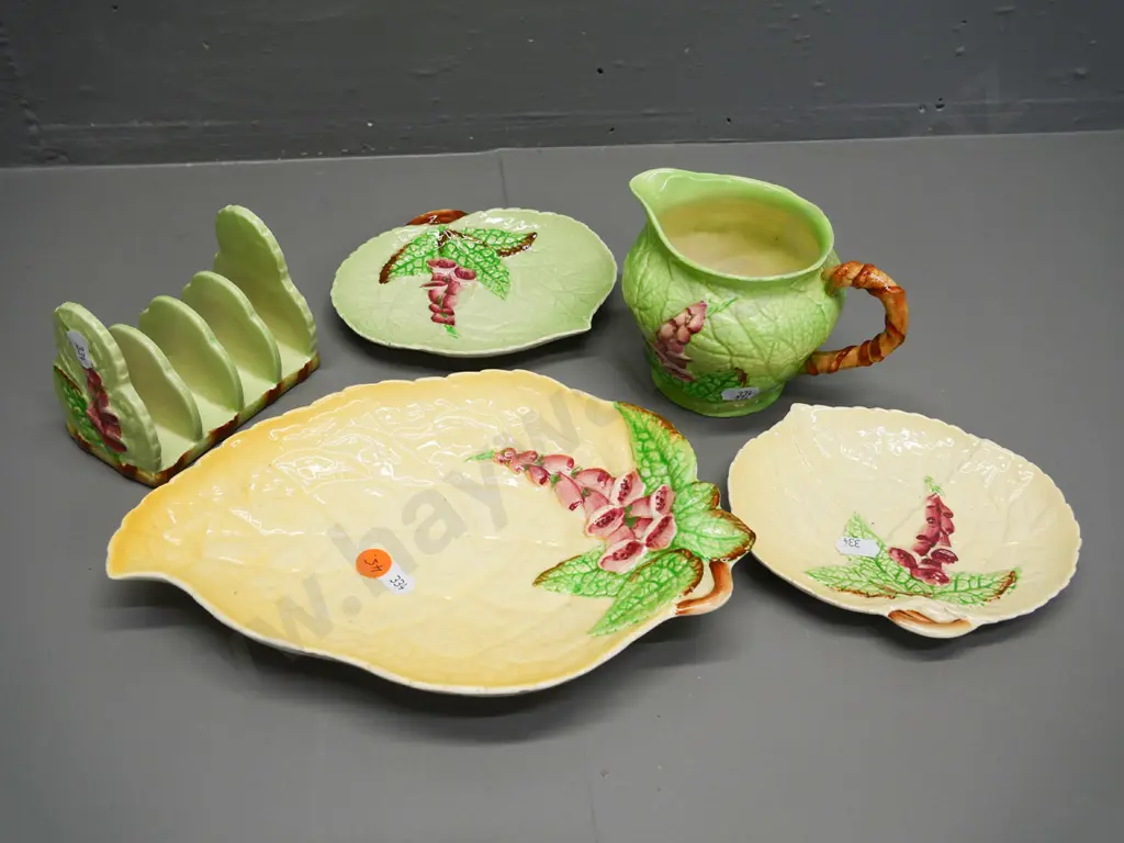 5 pieces Carlton Ware foxglove pattern china - toast rack, jug, 3 dishes, largest is L-240 W-165 Image 1++