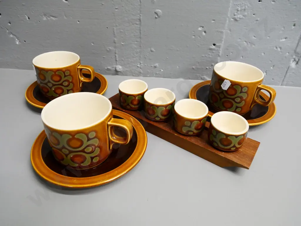 Hornsea Bronte items - 3 cups & saucers and 4 egg cups on wooden tray Image 1++
