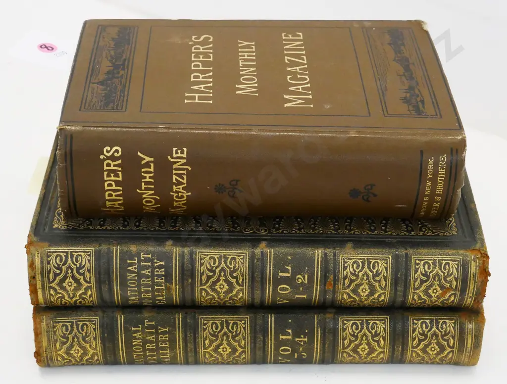 3 books - National portrait Gallery circa 1870s (4 Volumes bound into 2) and bound collection of 1912 Harper's Monthly Image 1++