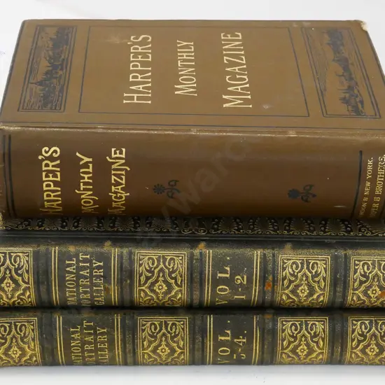 3 books - National portrait Gallery circa 1870s (4 Volumes bound into 2) and bound collection of 1912 Harper's Monthly