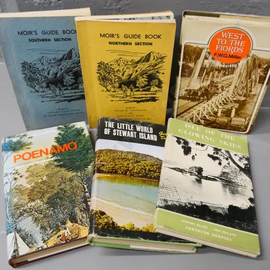 6 New Zealand books - Stewart Island, Fiordland, Poenamu, 2 Moir's travel guides