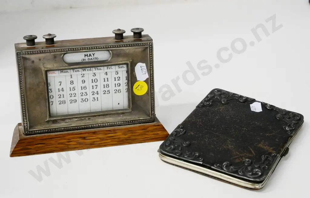 vintage wood-cased desk calendar with plated surround & a sterling silver mounted leather wallet / card case H130 W1 Image 1++