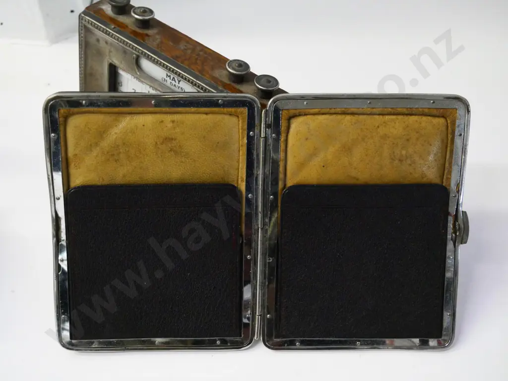 vintage wood-cased desk calendar with plated surround & a sterling silver mounted leather wallet / card case H130 W1 Image 1++