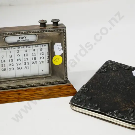 vintage wood-cased desk calendar with plated surround & a sterling silver mounted leather wallet / card case H130 W1