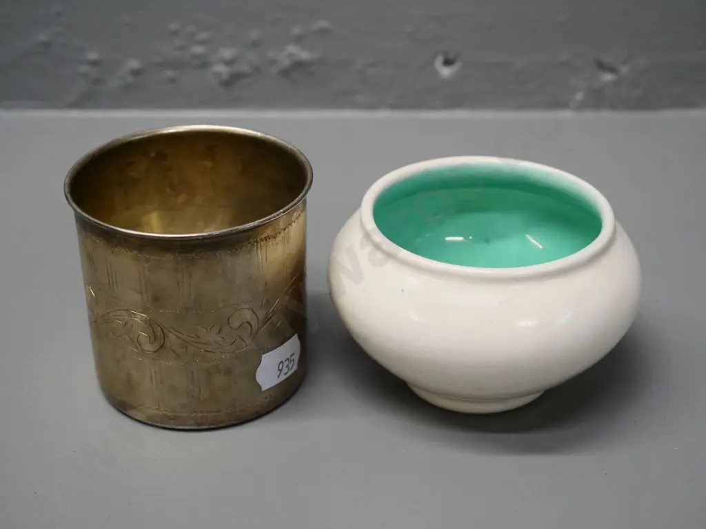O.C. Stephens small bowl/vase and an etched silver beaker (sterling?) H-60 Image 1++