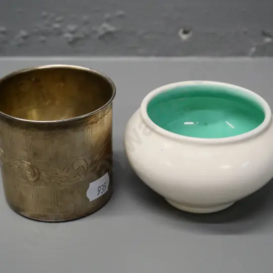 O.C. Stephens small bowl/vase and an etched silver beaker (sterling?) H-60