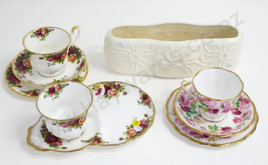 Crown Lynn trough vase No. 107 and Royal Albert china - Old Country Roses trio and tennis set and Princess Ann trio Image 1++