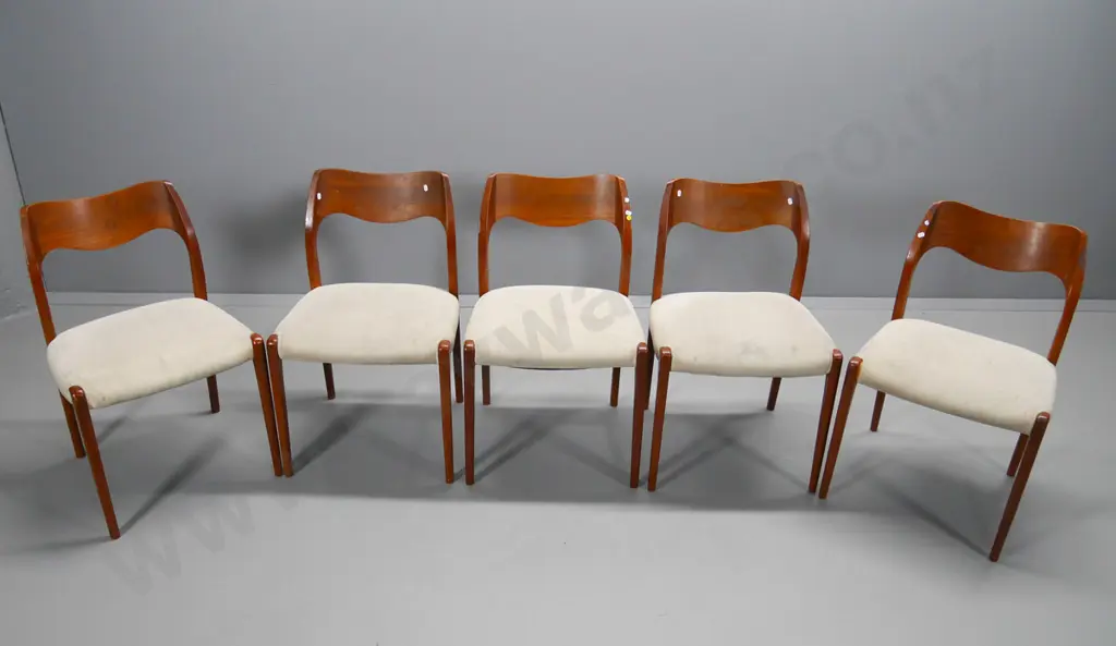 set of 5 mid-century Scandinavian style teak-framed dining chairs  - upholstered seats need cleaning H780 W500 D420 Image 1++