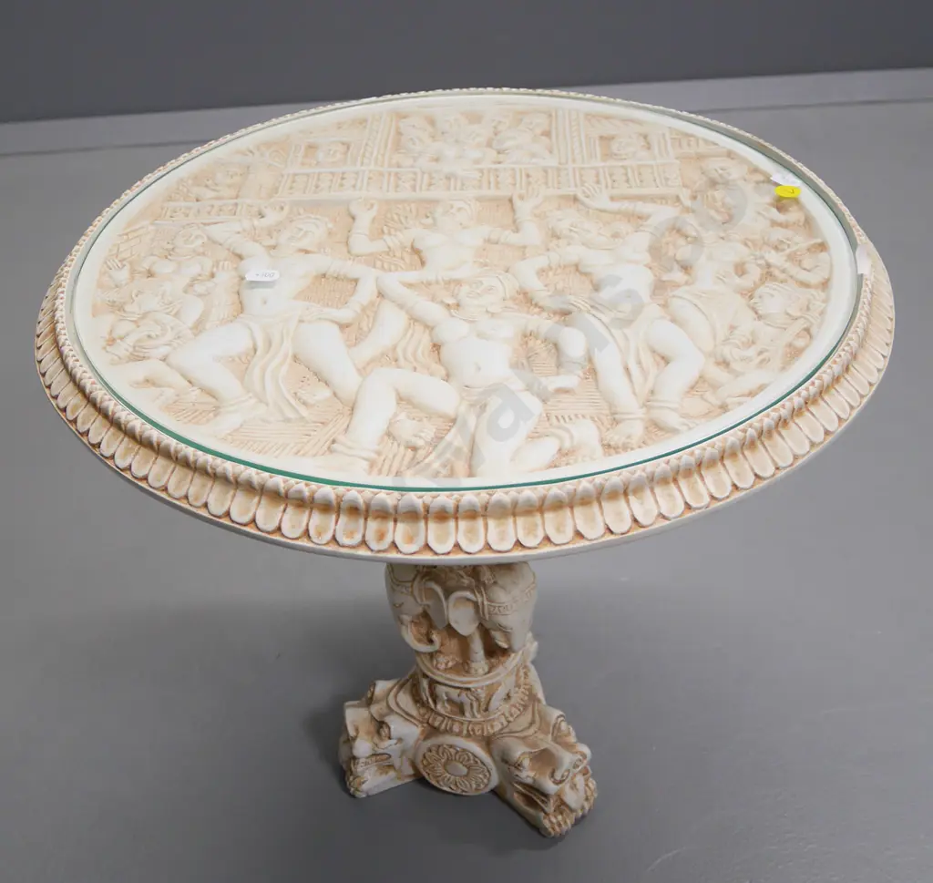 faux ivory composite glass top round side table on column base (chip to rim)  H-450 Diameter 450 Image 1++