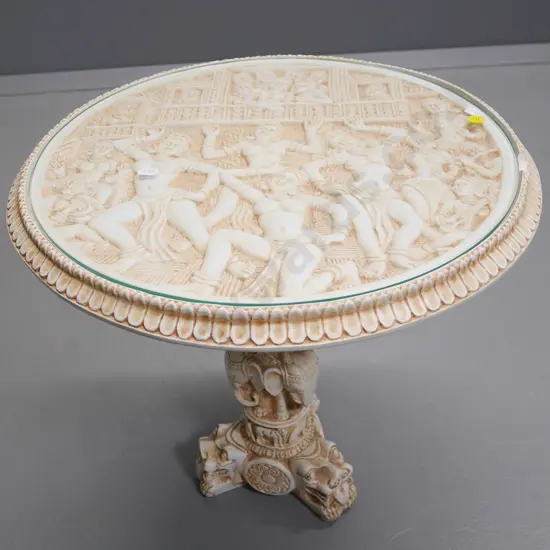 faux ivory composite glass top round side table on column base (chip to rim)  H-450 Diameter 450