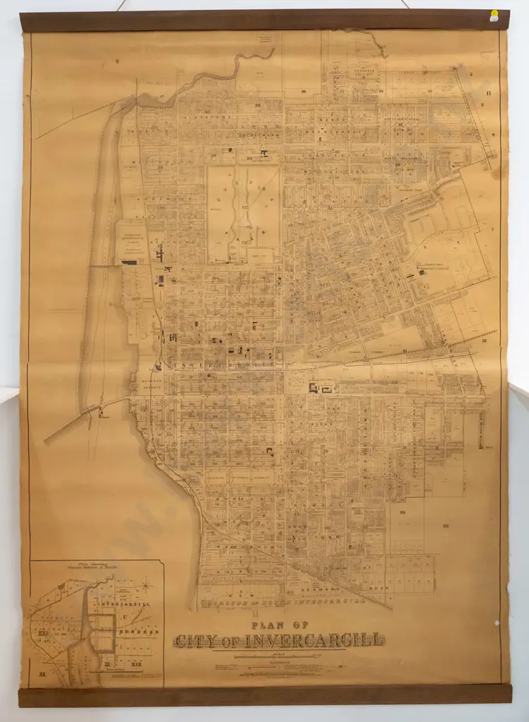 vintage large paper on linen wall map of Invercargill on wooden hangers - no date, a few pencil marks H-1420 W-1010 Image 1++