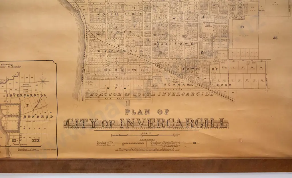 vintage large paper on linen wall map of Invercargill on wooden hangers - no date, a few pencil marks H-1420 W-1010 Image 1++