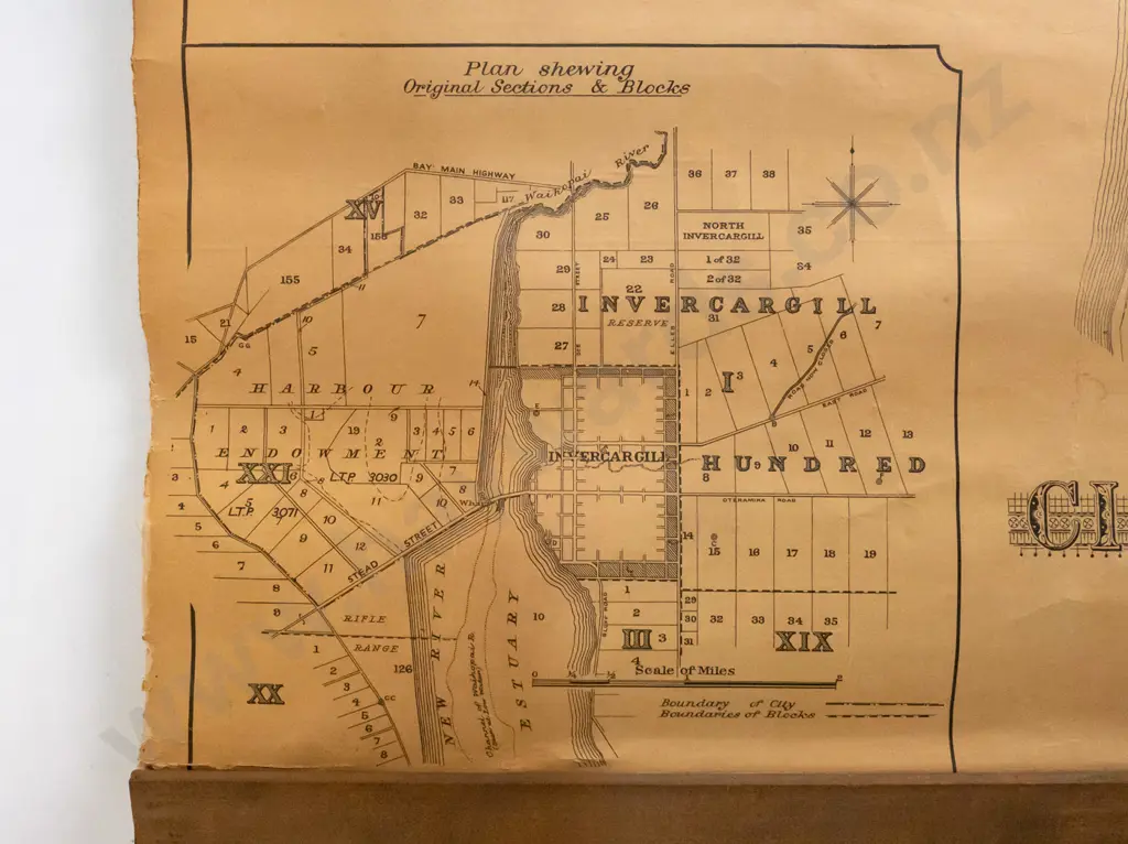 vintage large paper on linen wall map of Invercargill on wooden hangers - no date, a few pencil marks H-1420 W-1010 Image 1++
